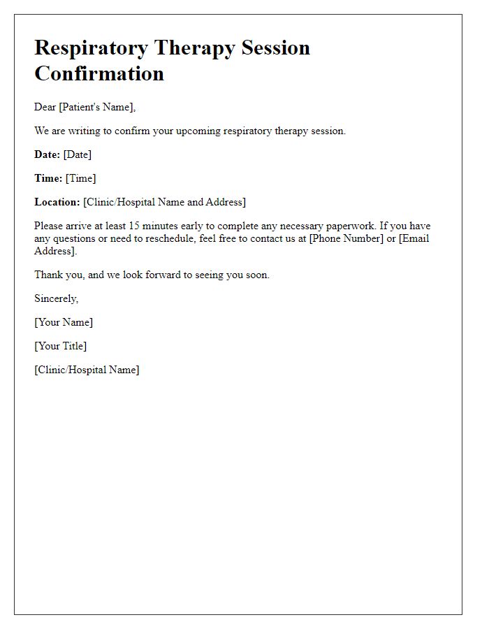 Letter template of respiratory therapy session confirmation