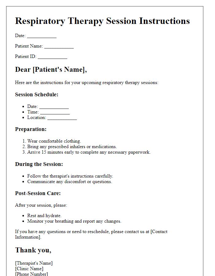 Letter template of respiratory therapy session instructions