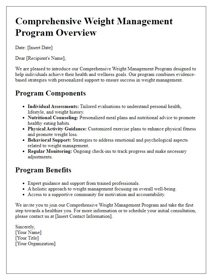 Letter template of comprehensive weight management program overview