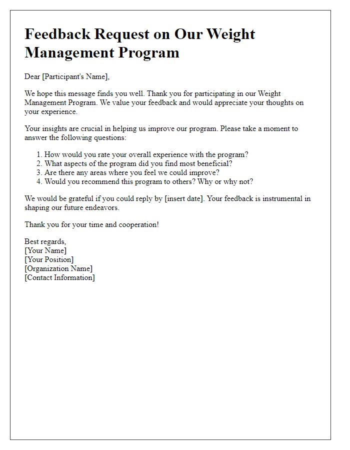 Letter template of feedback request on weight management program