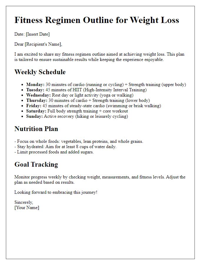 Letter template of fitness regimen outline for weight loss