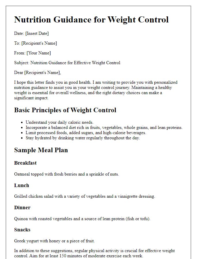 Letter template of nutrition guidance for weight control