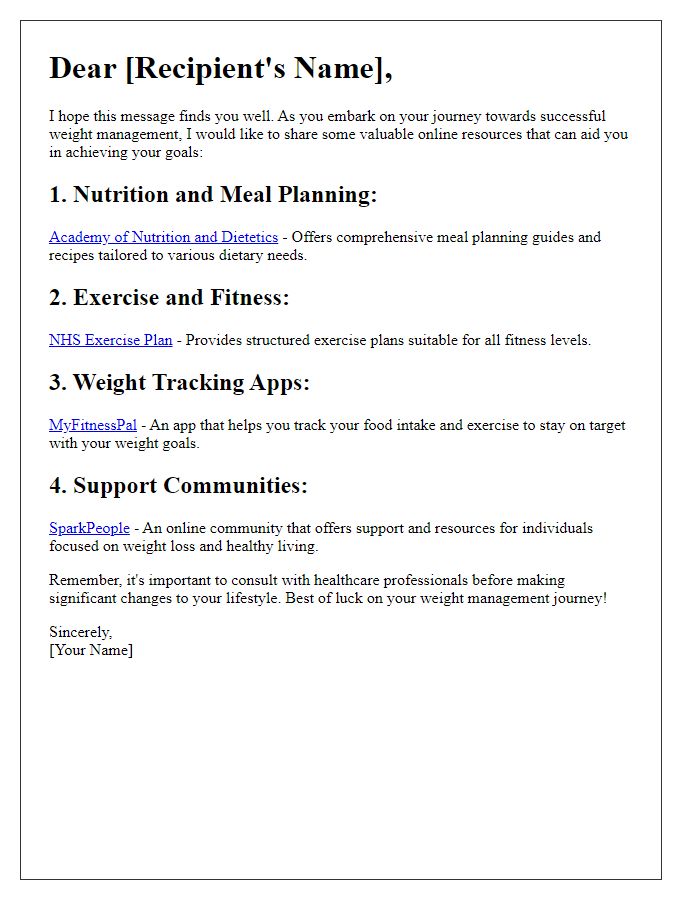Letter template of online resources for weight management success