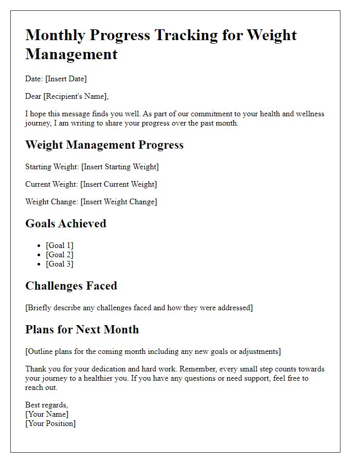 Letter template of progress tracking for weight management