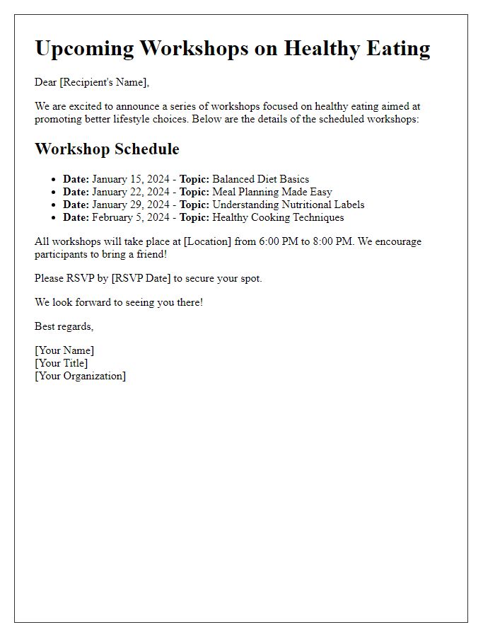 Letter template of scheduled workshops on healthy eating