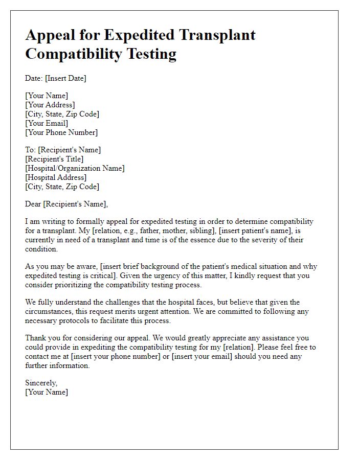 Letter template of appeal for expedited transplant compatibility testing