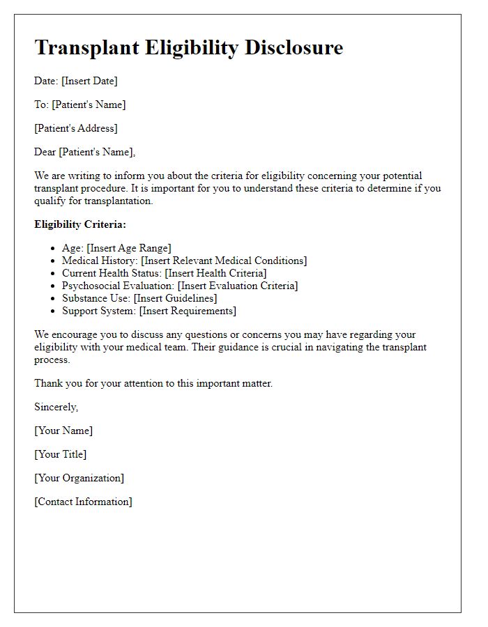 Letter template of disclosure for transplant eligibility criteria