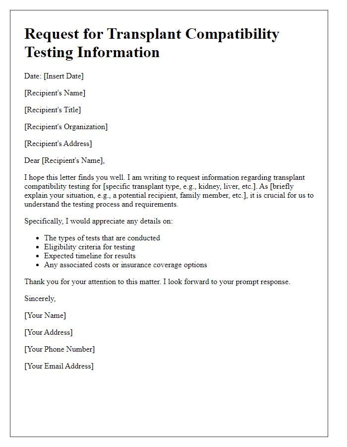 Letter template of request for transplant compatibility testing information