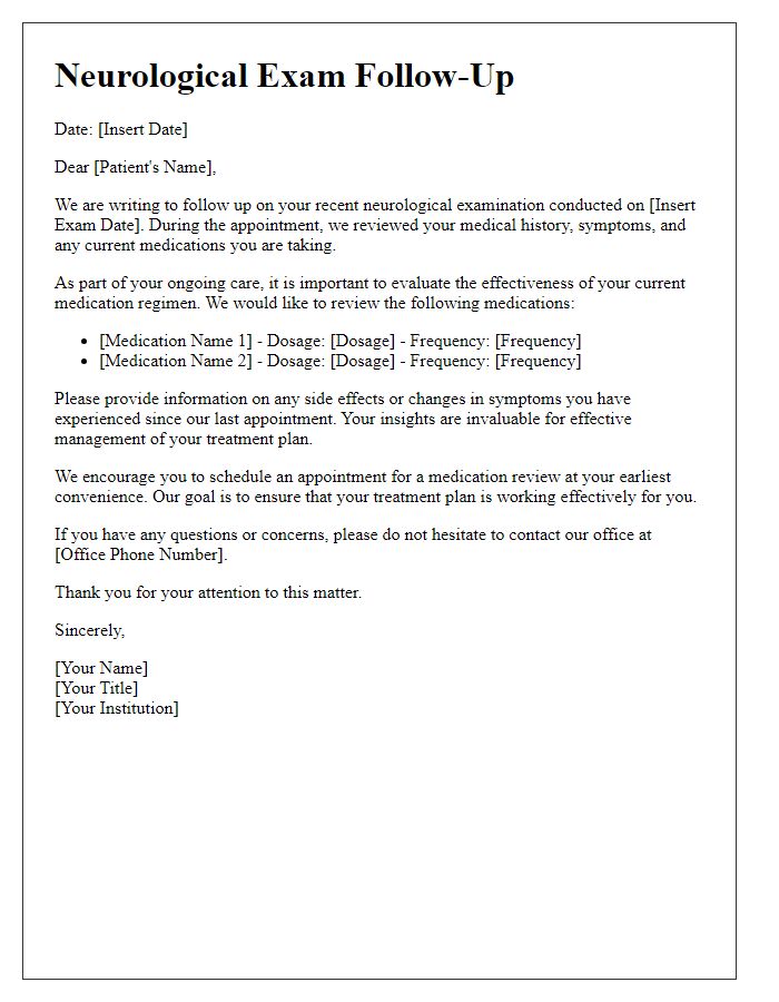 Letter template of neurological exam follow-up for medication review.