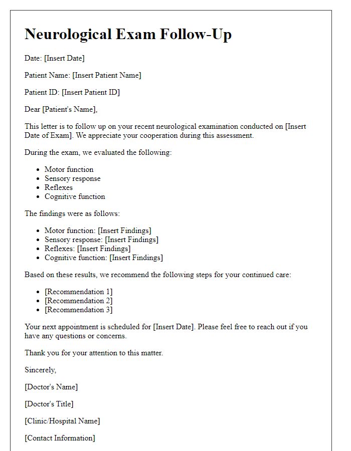 Letter template of neurological exam follow-up for patient progress monitoring.