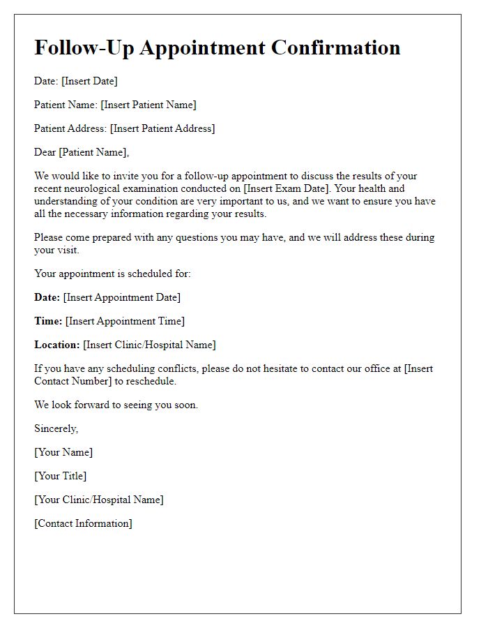 Letter template of neurological exam follow-up for results discussion.