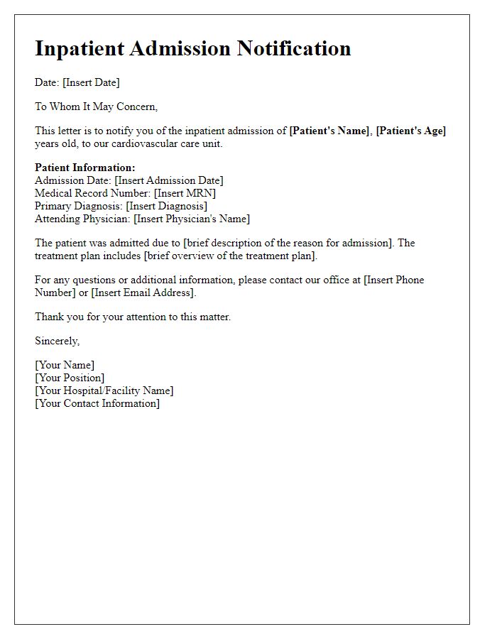 Letter template of inpatient admission notification for cardiovascular care