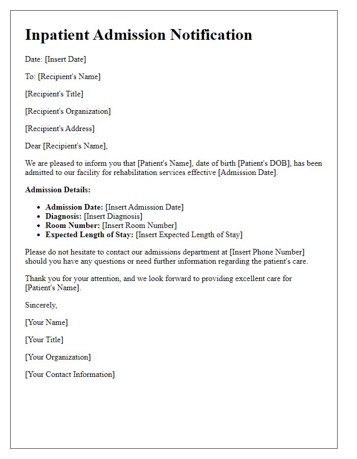 Letter template of inpatient admission notification for rehabilitation services