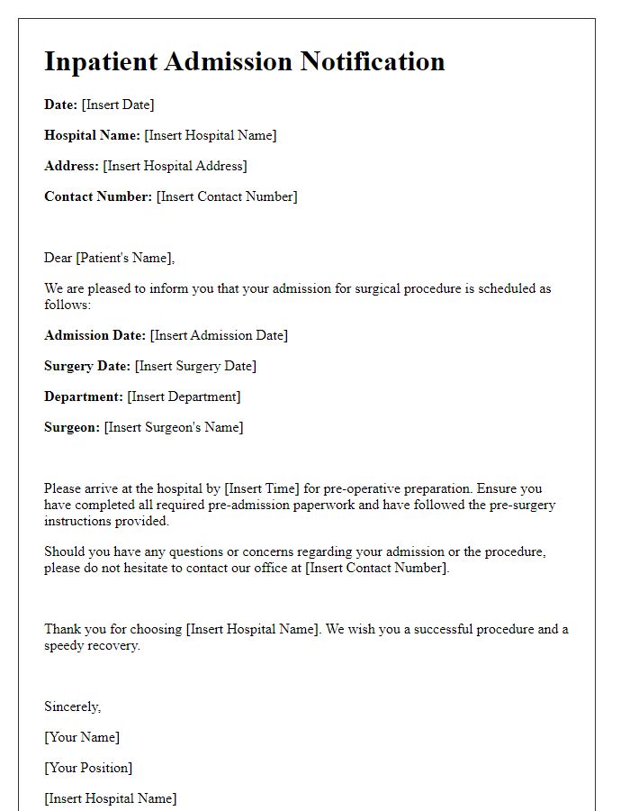 Letter template of inpatient admission notification for surgical patients