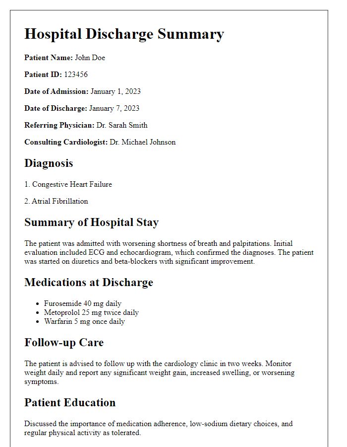 Letter template of hospital discharge summary for cardiology patients