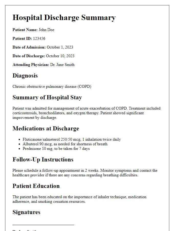 Letter template of hospital discharge summary for chronic illness management