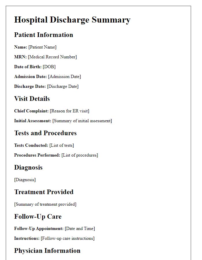 Letter template of hospital discharge summary for emergency room visits