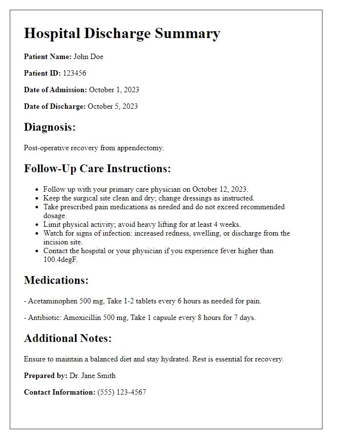 Letter template of hospital discharge summary for follow-up care instructions