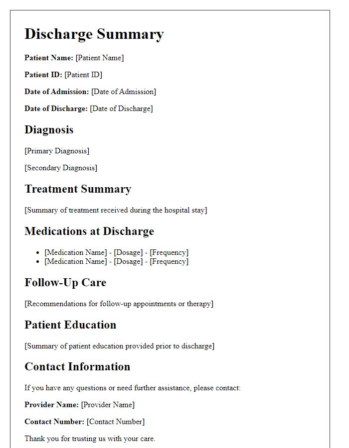 Letter template of hospital discharge summary for mental health treatment