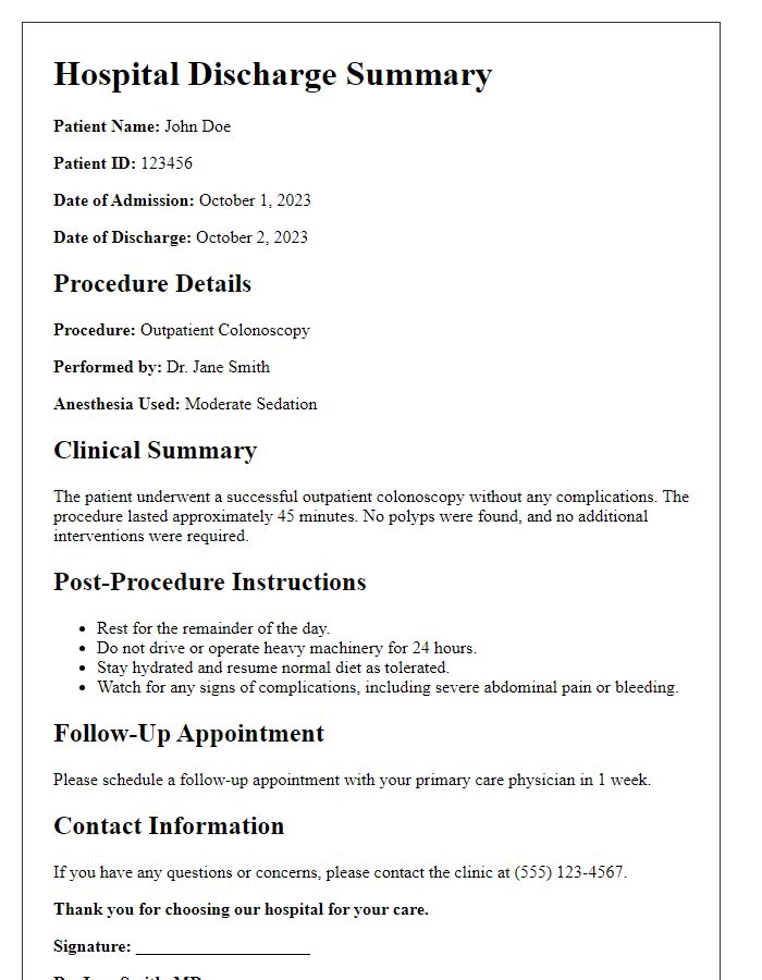 Letter template of hospital discharge summary for outpatient procedures