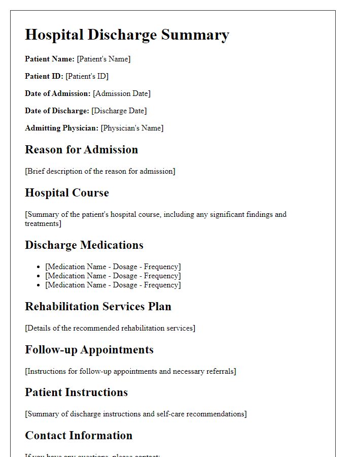 Letter template of hospital discharge summary for rehabilitation services