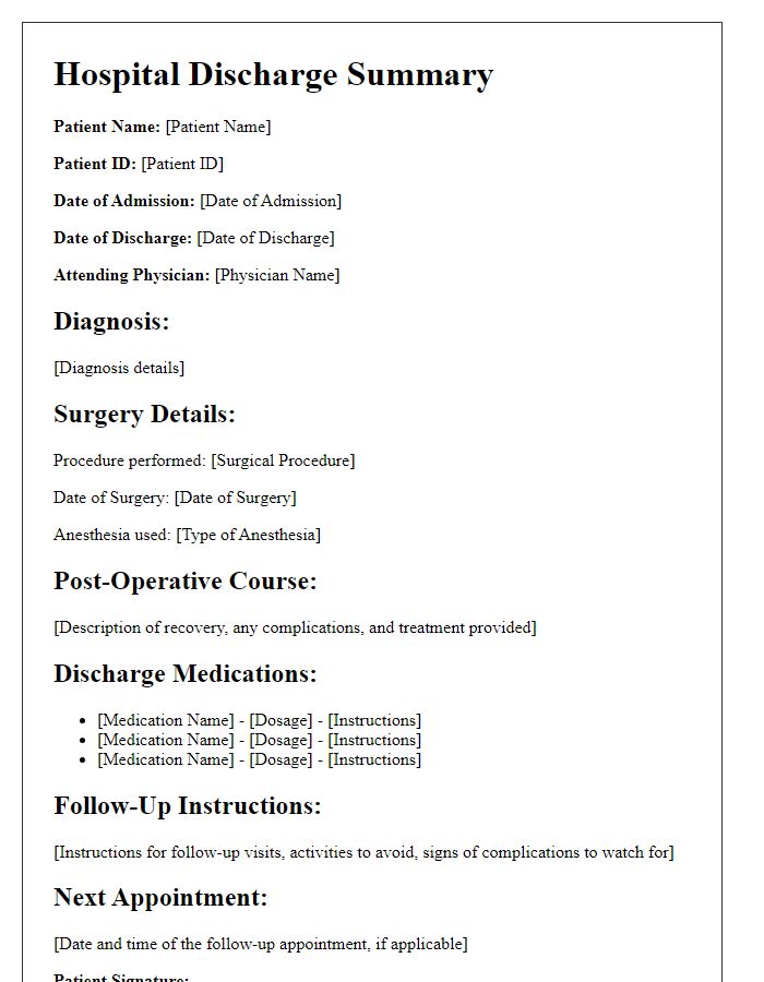 Letter template of hospital discharge summary for surgical patients