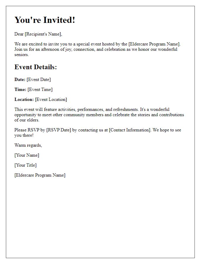 Letter template of special event invitation for eldercare program