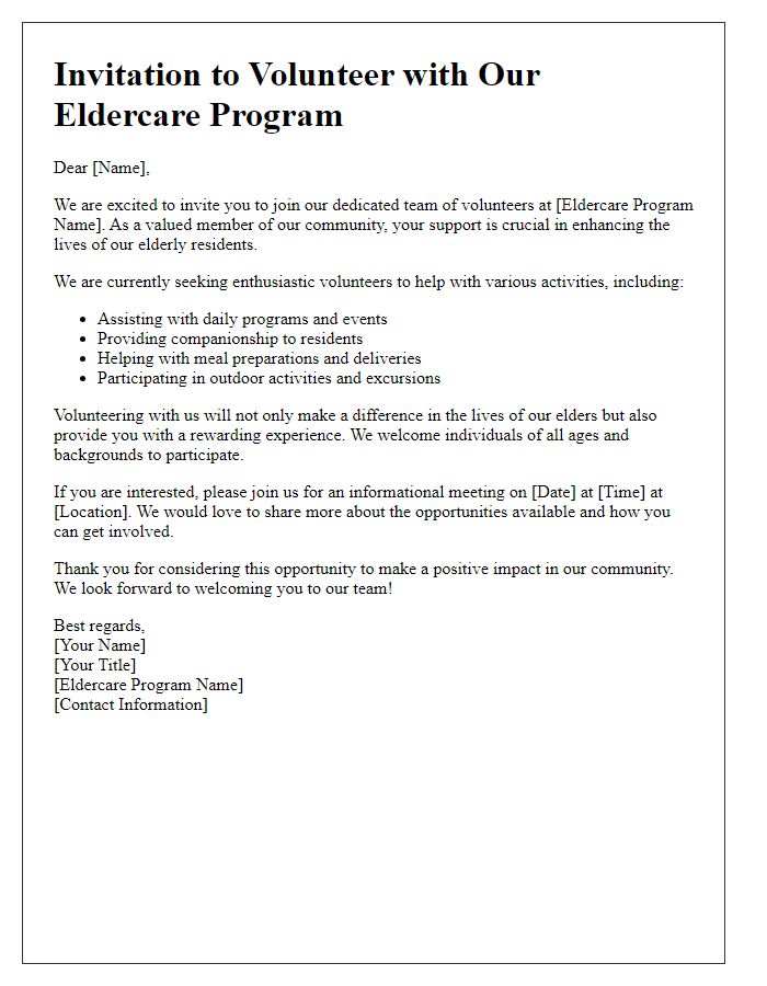 Letter template of volunteer opportunity invitation within eldercare program