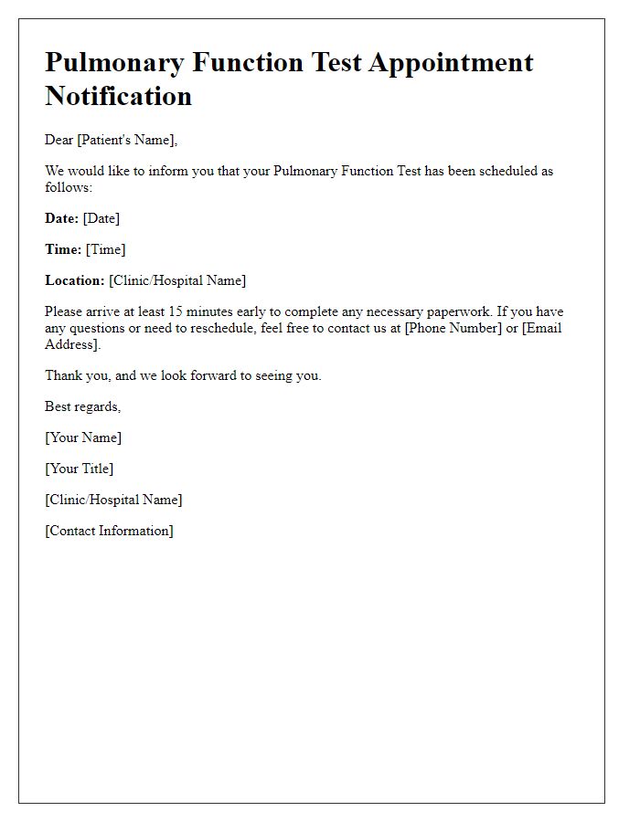 Letter template of pulmonary function test appointment notification