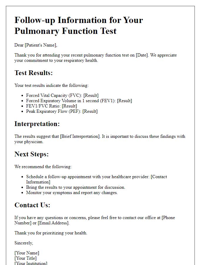 Letter template of pulmonary function test follow-up information