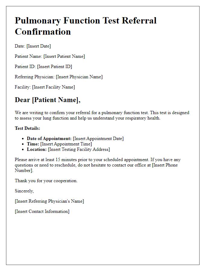 Letter template of pulmonary function test referral confirmation