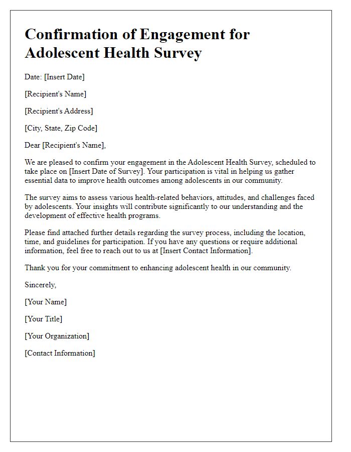 Letter template of confirmation for adolescent health survey engagement