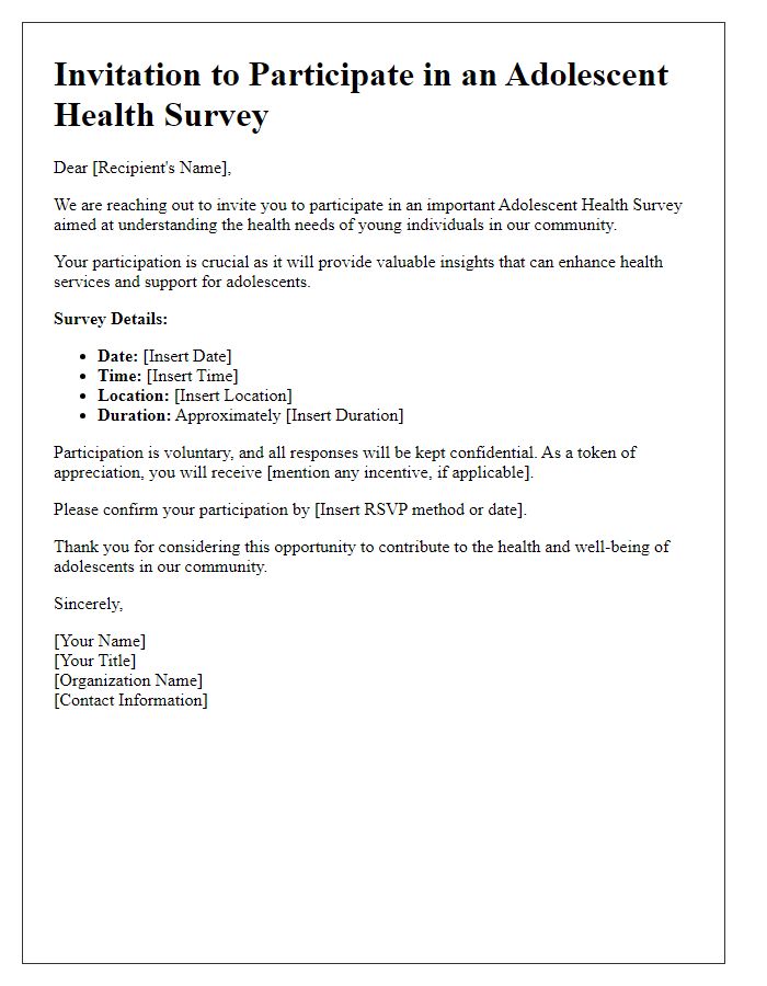 Letter template of invitation for adolescent health survey participation