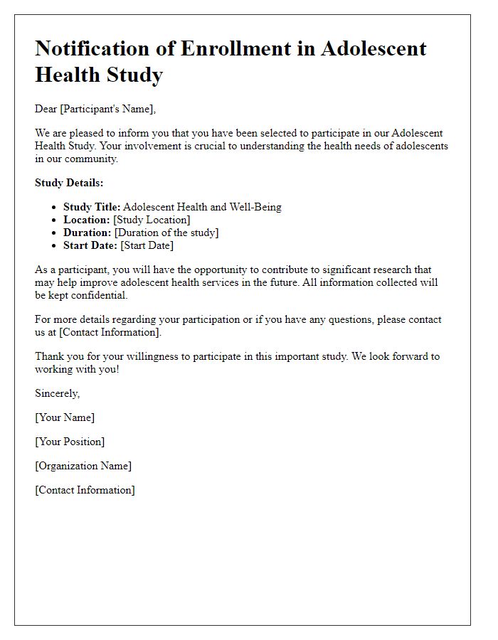 Letter template of notification for adolescent health study enrollment