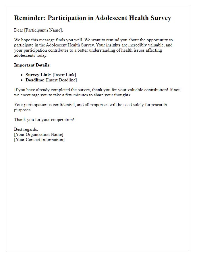 Letter template of reminder for adolescent health survey participation