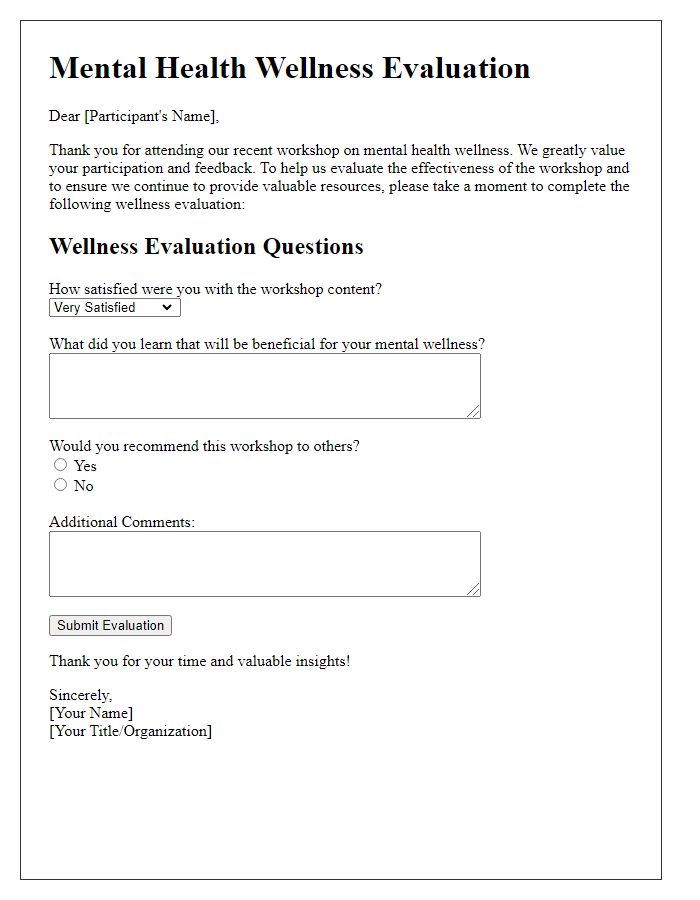 Letter template of mental health wellness evaluation for workshop participants