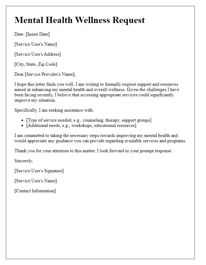 Letter template of mental health wellness request for service users