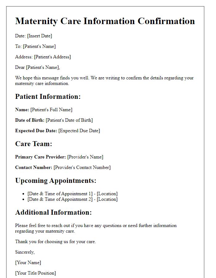 Letter template of maternity care information confirmation