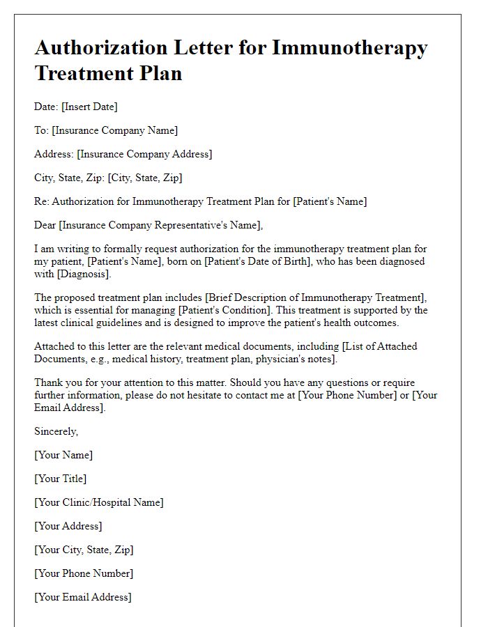 Letter template of authorization for immunotherapy treatment plan.