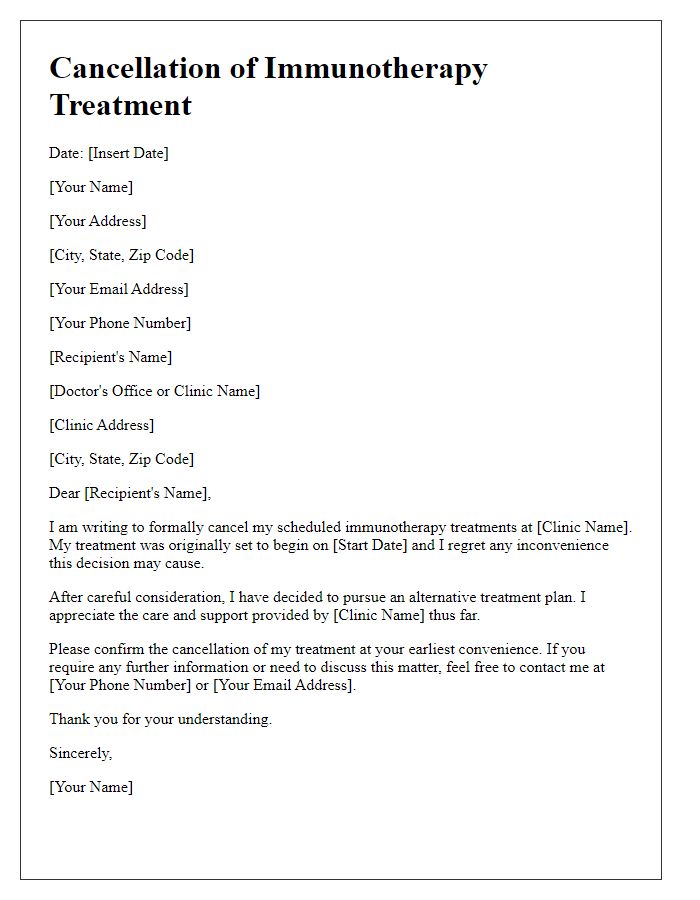 Letter template of cancellation for immunotherapy treatments.