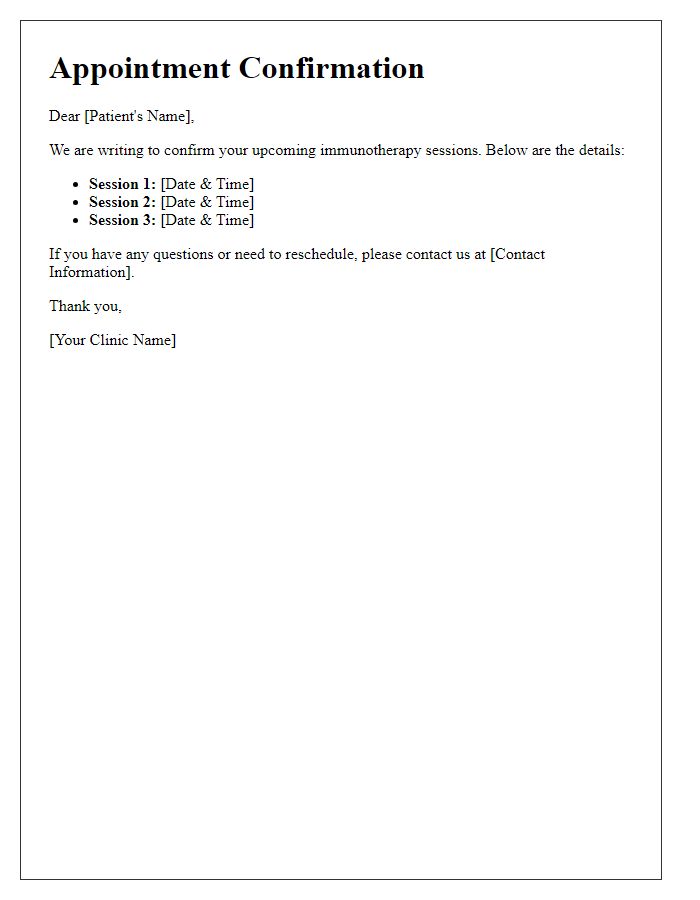 Letter template of confirmation for immunotherapy session dates.