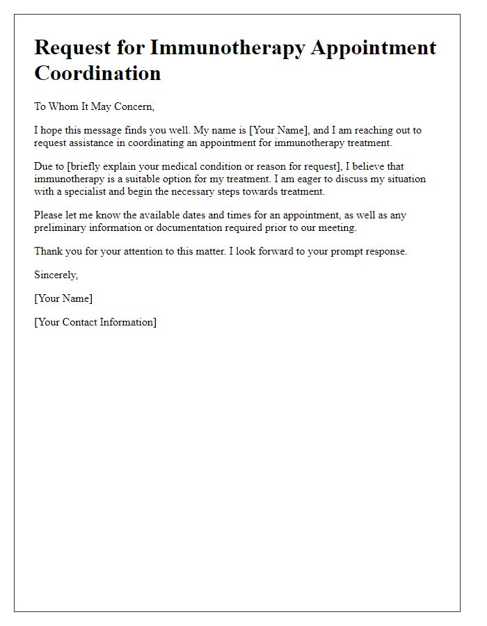 Letter template of request for immunotherapy appointment coordination.