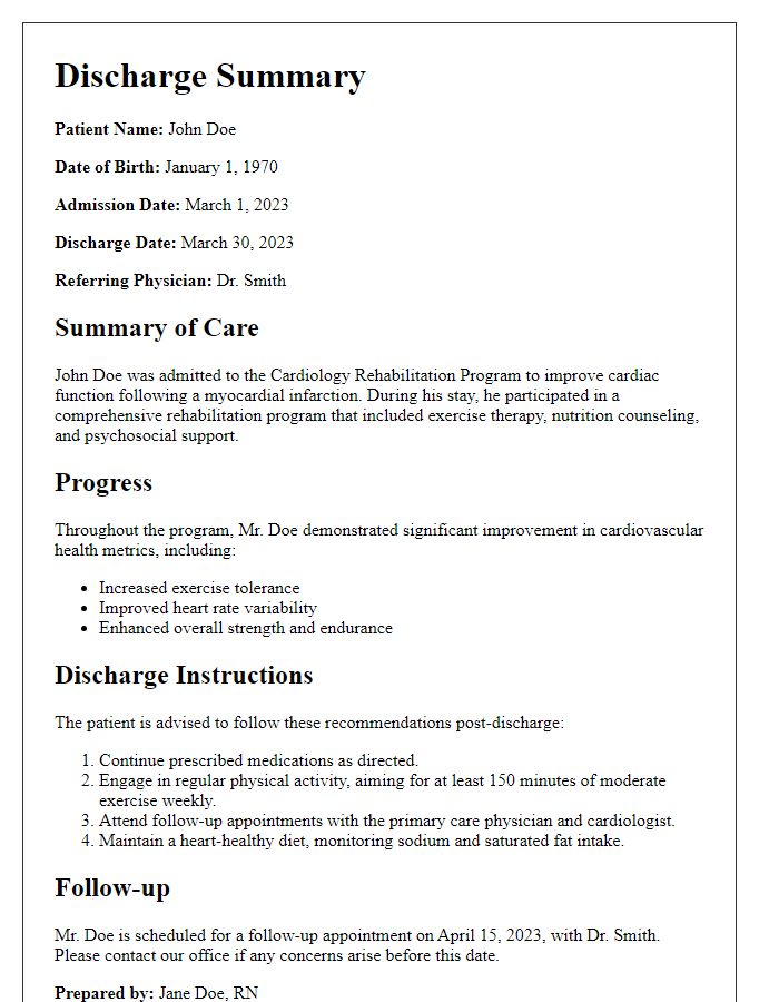 Letter template of discharge summary from cardiology rehabilitation program