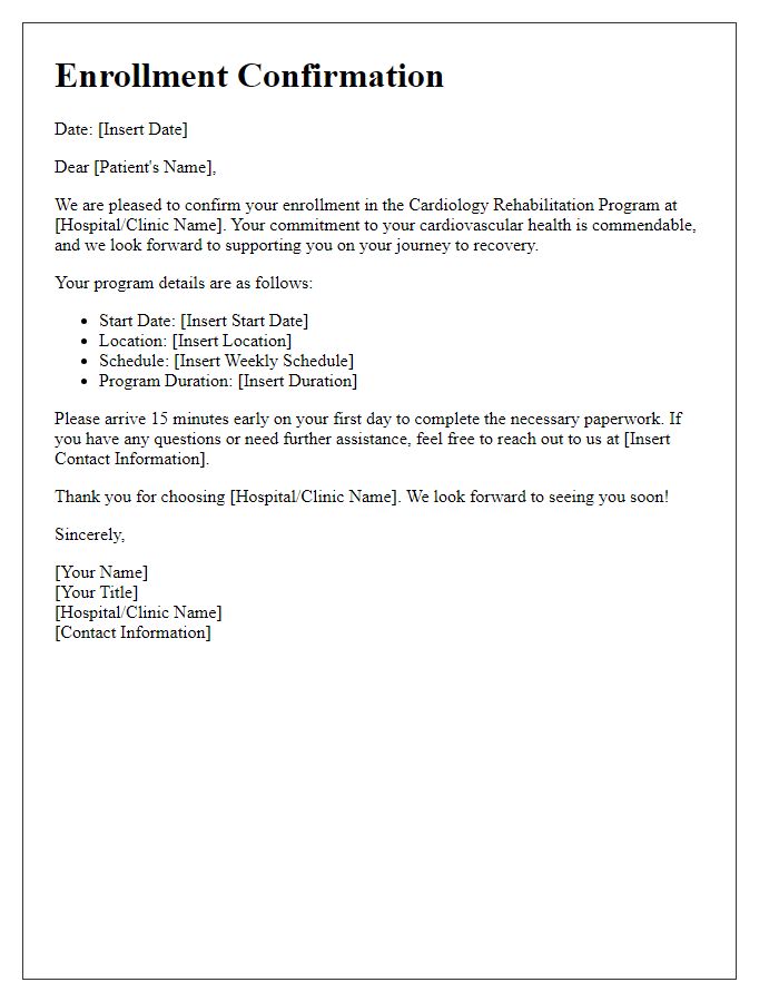 Letter template of enrollment confirmation in cardiology rehabilitation program