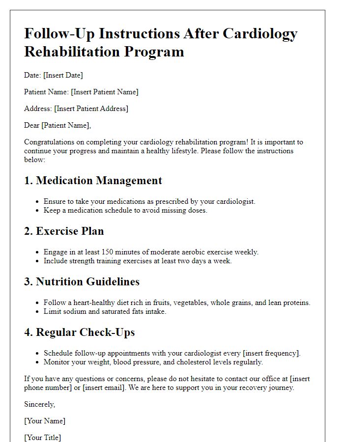 Letter template of follow-up instruction after cardiology rehabilitation program