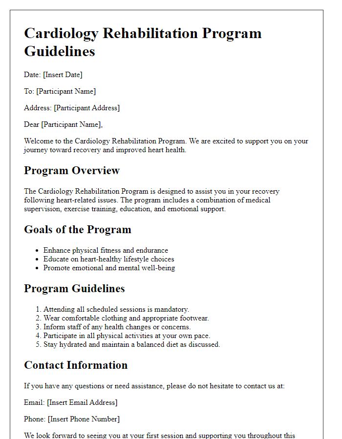 Letter template of program guidelines for cardiology rehabilitation program