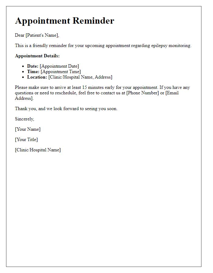 Letter template of appointment reminder for epilepsy monitoring