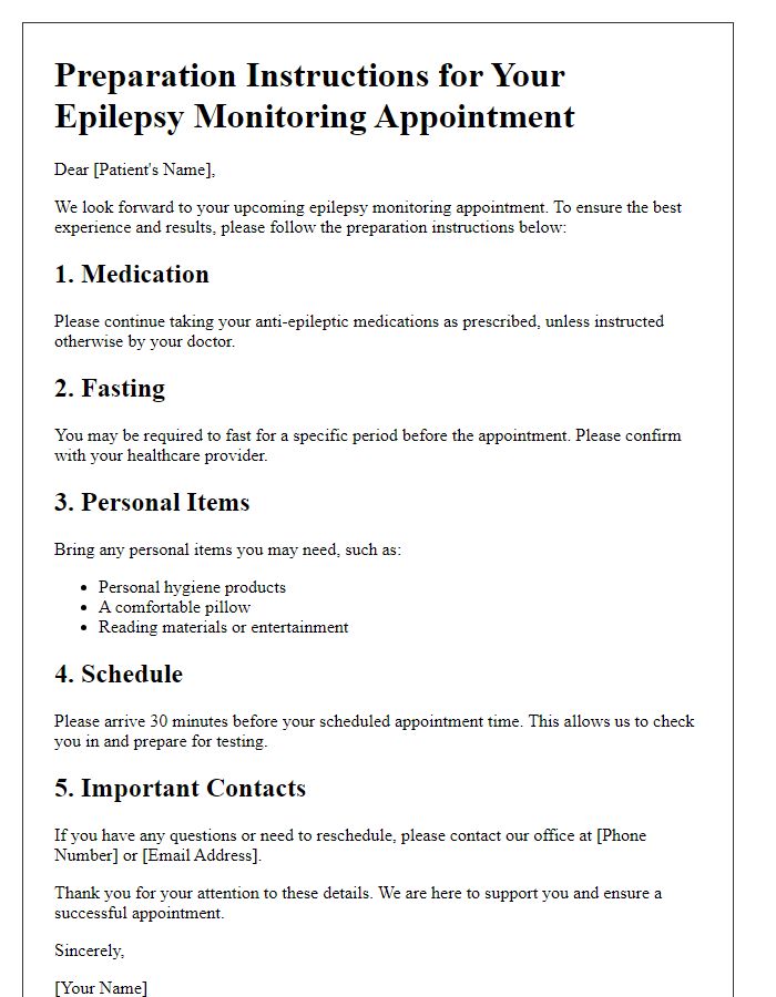 Letter template of preparation instructions for an epilepsy monitoring appointment