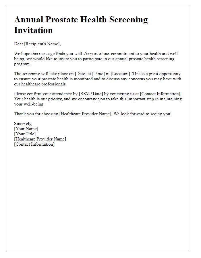 Letter template of prostate health screening invitation for annual health check-ups