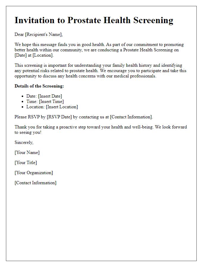 Letter template of prostate health screening invitation for family health history